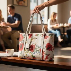 Dana Buchman White Tote with Red Floral Print and Green Accents